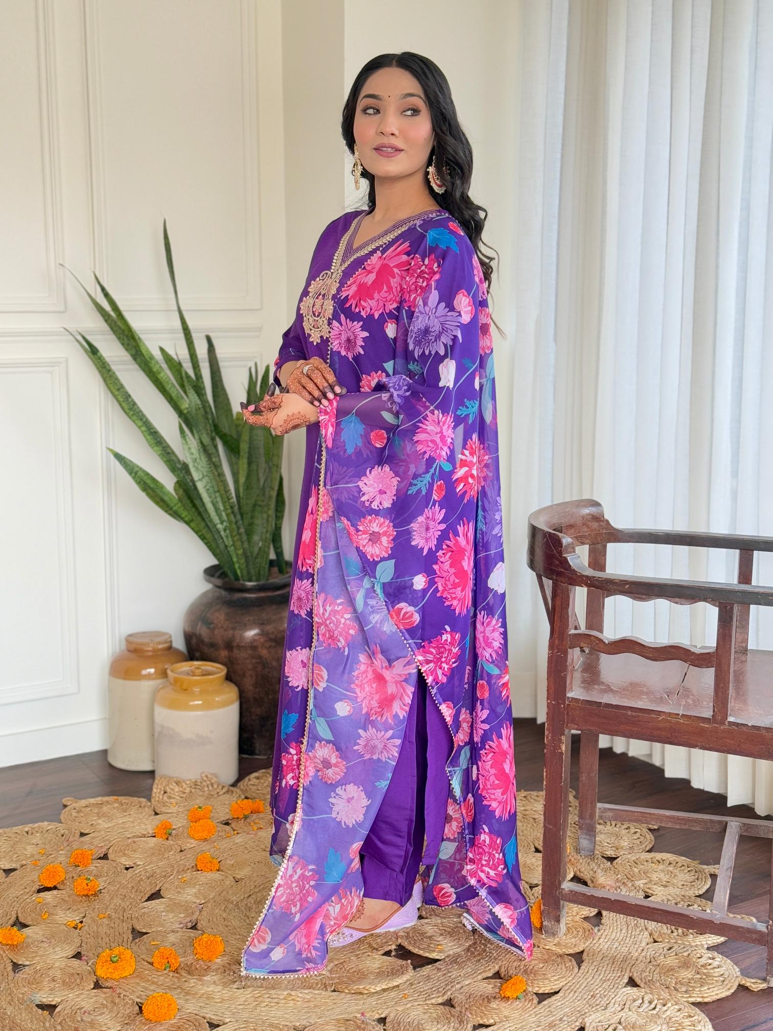 The52 Women's Beautiful Roman Silk Embroidered Straight Kurta with Pant And Dupatta Set