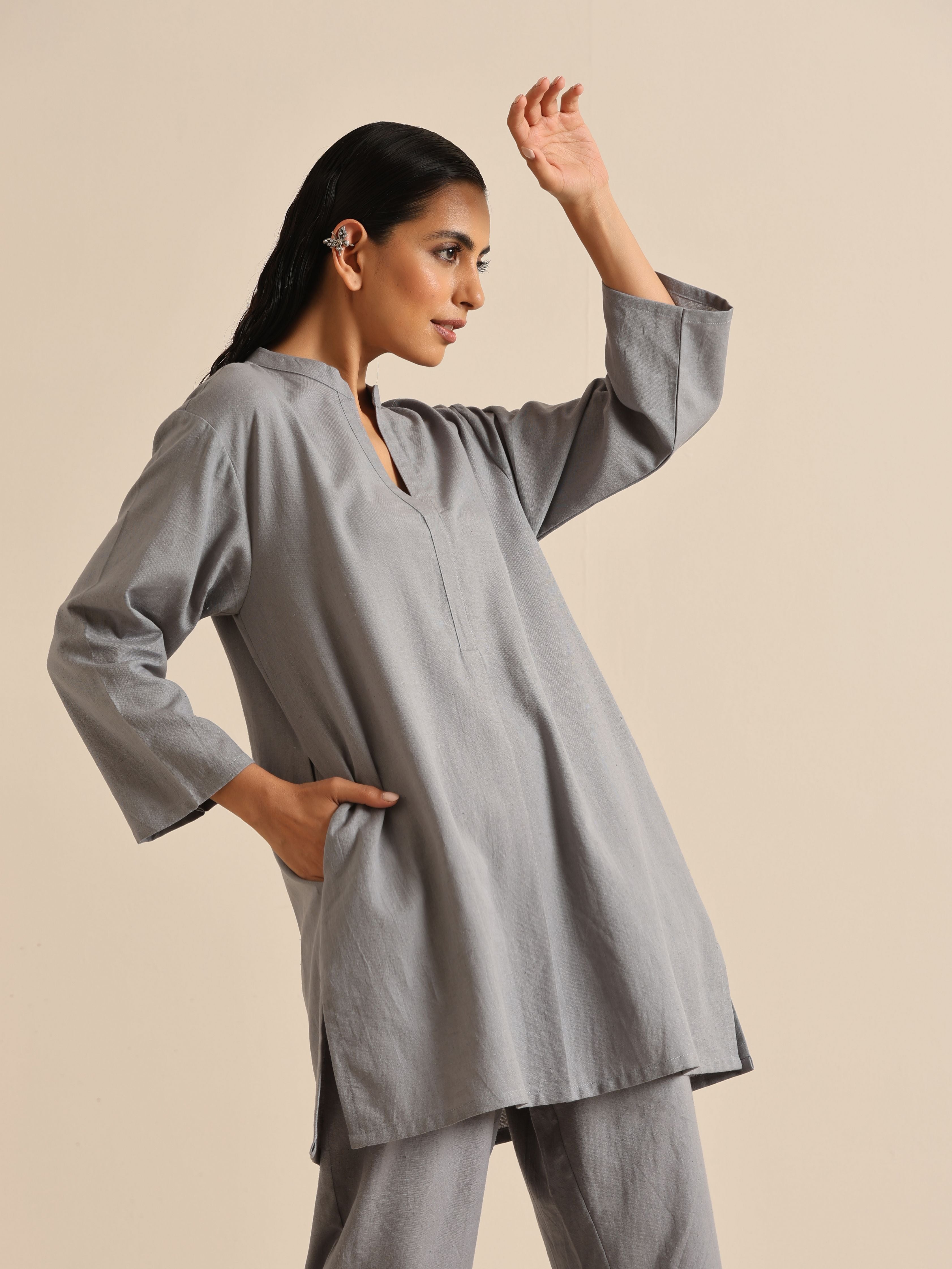 trueBrowns Steel Blue Khadi Relaxed Co-Ord Set - Distacart