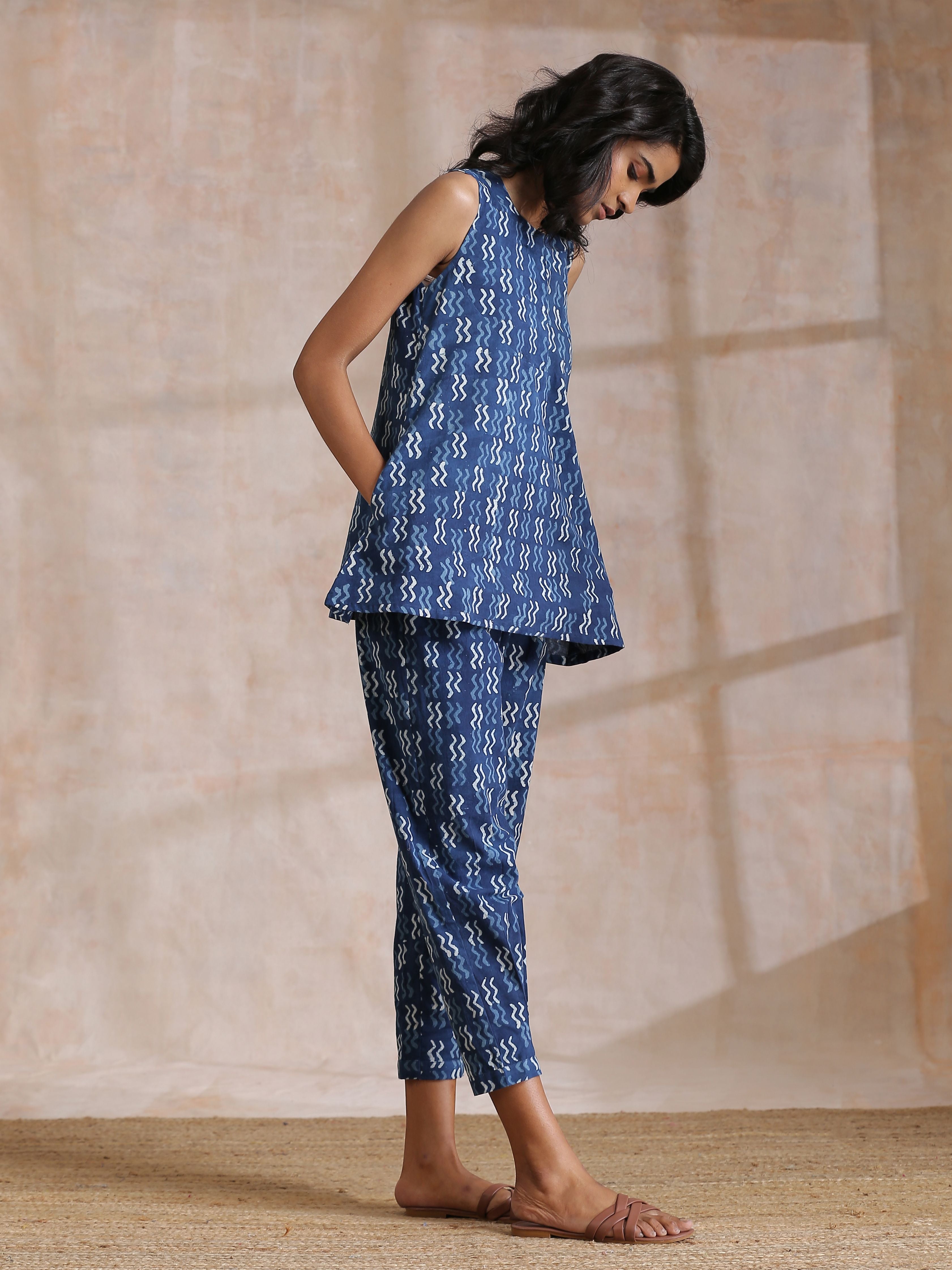 trueBrowns Indigo Dabu Zig-Zag Motifs Print Cotton Sleeveless Co-Ord Set - Distacart