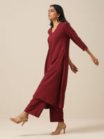 Thumbnail for trueBrowns Ruby Wine Slub Texture Back Pleat Kurta Pant Set - Distacart