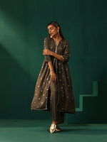 Thumbnail for trueBrowns Grey Diamond Viscose Silk Front Slit Kurta Pant Set - Distacart