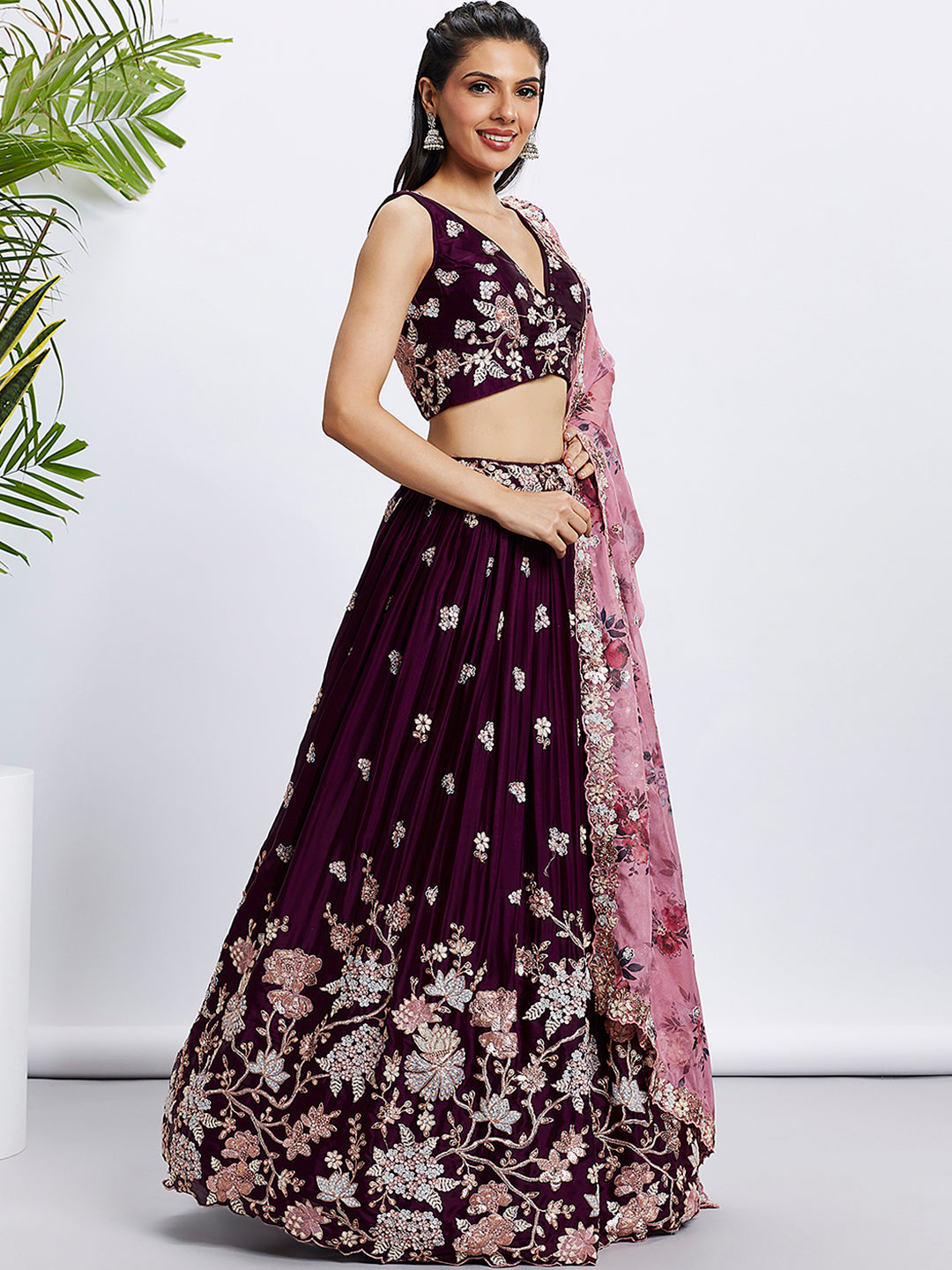 House of Panchhi Purple Pure Georgette Sequins And Thread Embroidery Lehenga Choli & Dupatta - Distacart