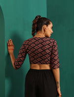 Thumbnail for trueBrowns Black Muslin Silk Diamond Printed Deep V-Neck Blouse - Distacart