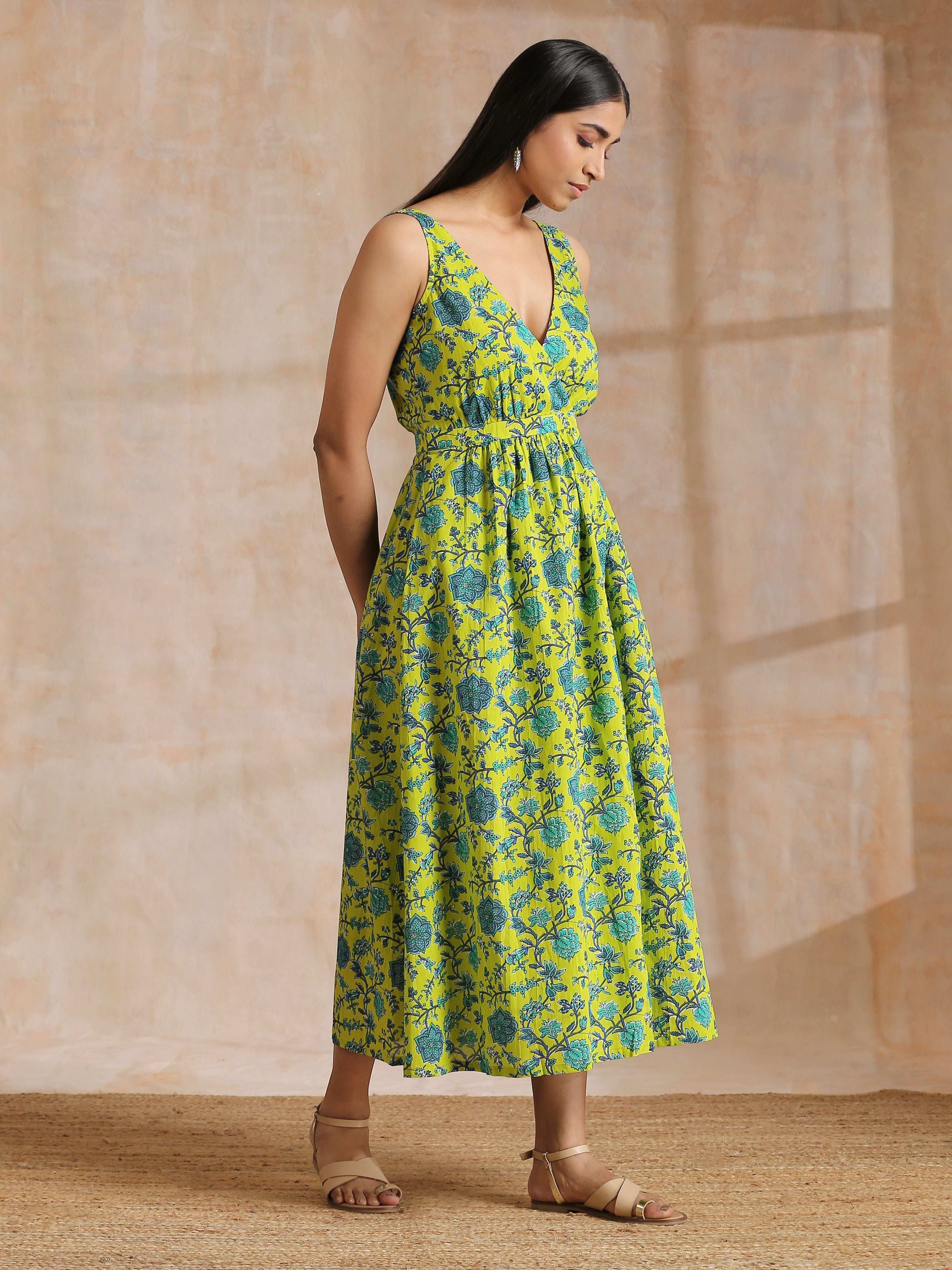 trueBrowns Lime Green Overall Teal Floral Block Print Cotton Sleeveless Wrap Dress - Distacart