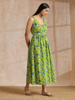Thumbnail for trueBrowns Lime Green Overall Teal Floral Block Print Cotton Sleeveless Wrap Dress - Distacart