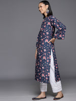 Thumbnail for Varanga Women Blue Floral Printed Straight Kurta With Flared Sleeves - Distacart