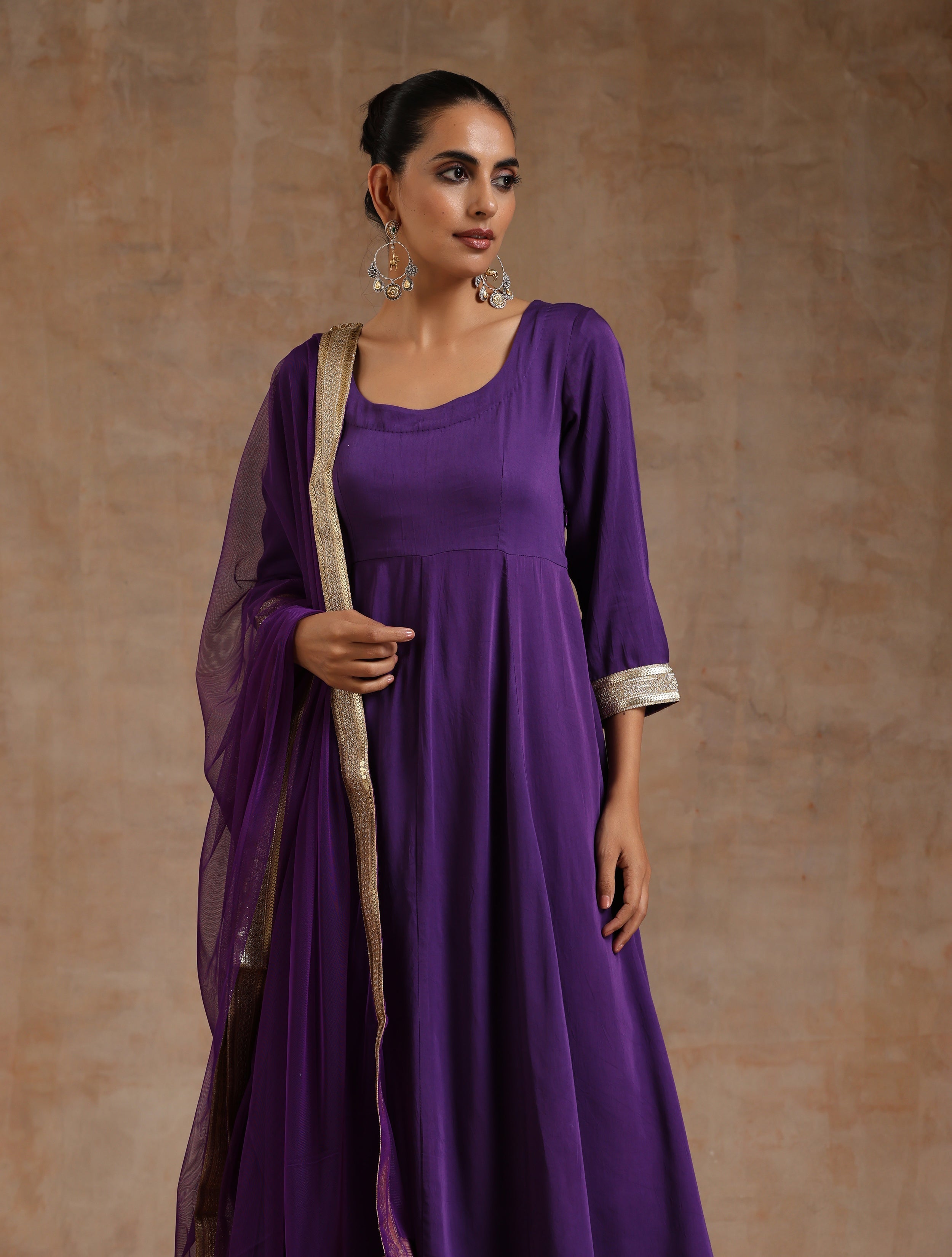 trueBrowns Violet Modal Satin Anarkali Set - Distacart