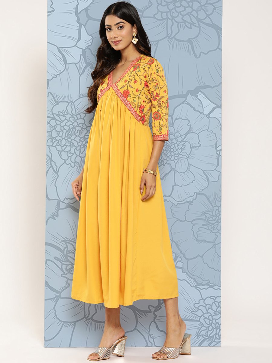 Ahalyaa Floral Print Crepe Empire Midi Ethnic Dress - Distacart