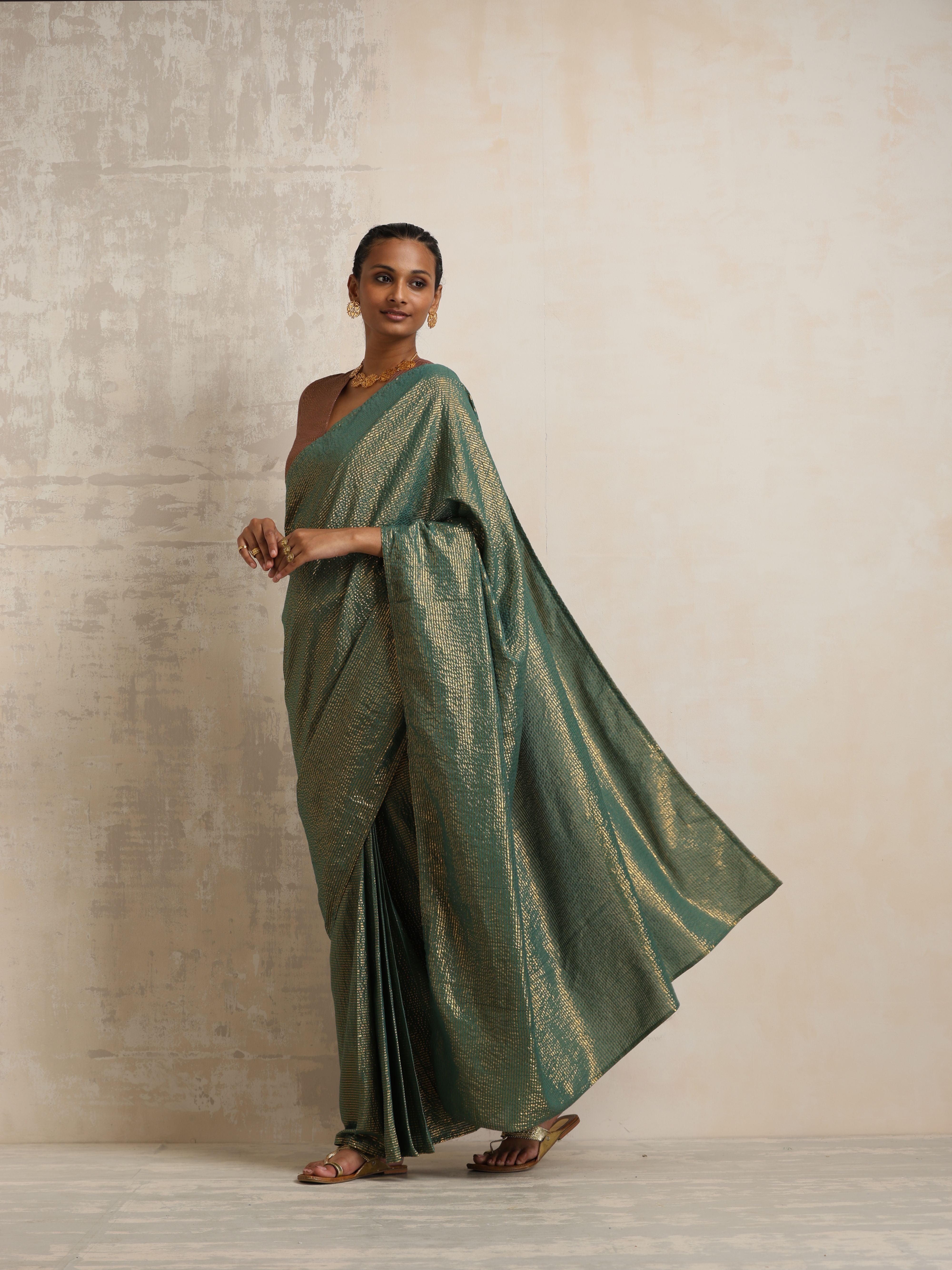 trueBrowns Dark Green Gold Lurex Ready To Wear Saree
