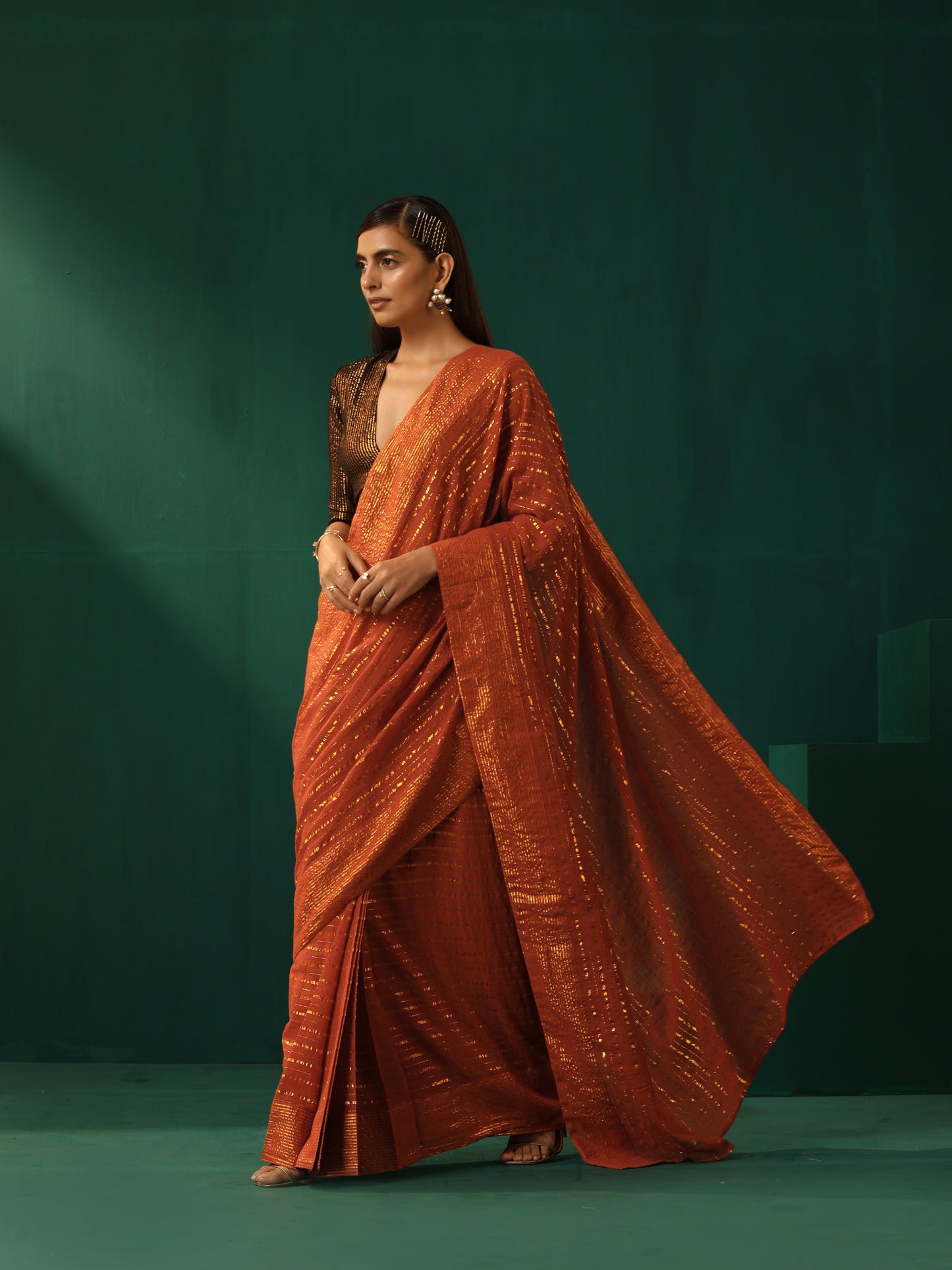 trueBrowns Rust Cotton Gold Lurex Striped Ready to Wear Saree - Distacart