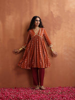 Thumbnail for trueBrowns Orange Print Anarkali Kurta Co-ord Set