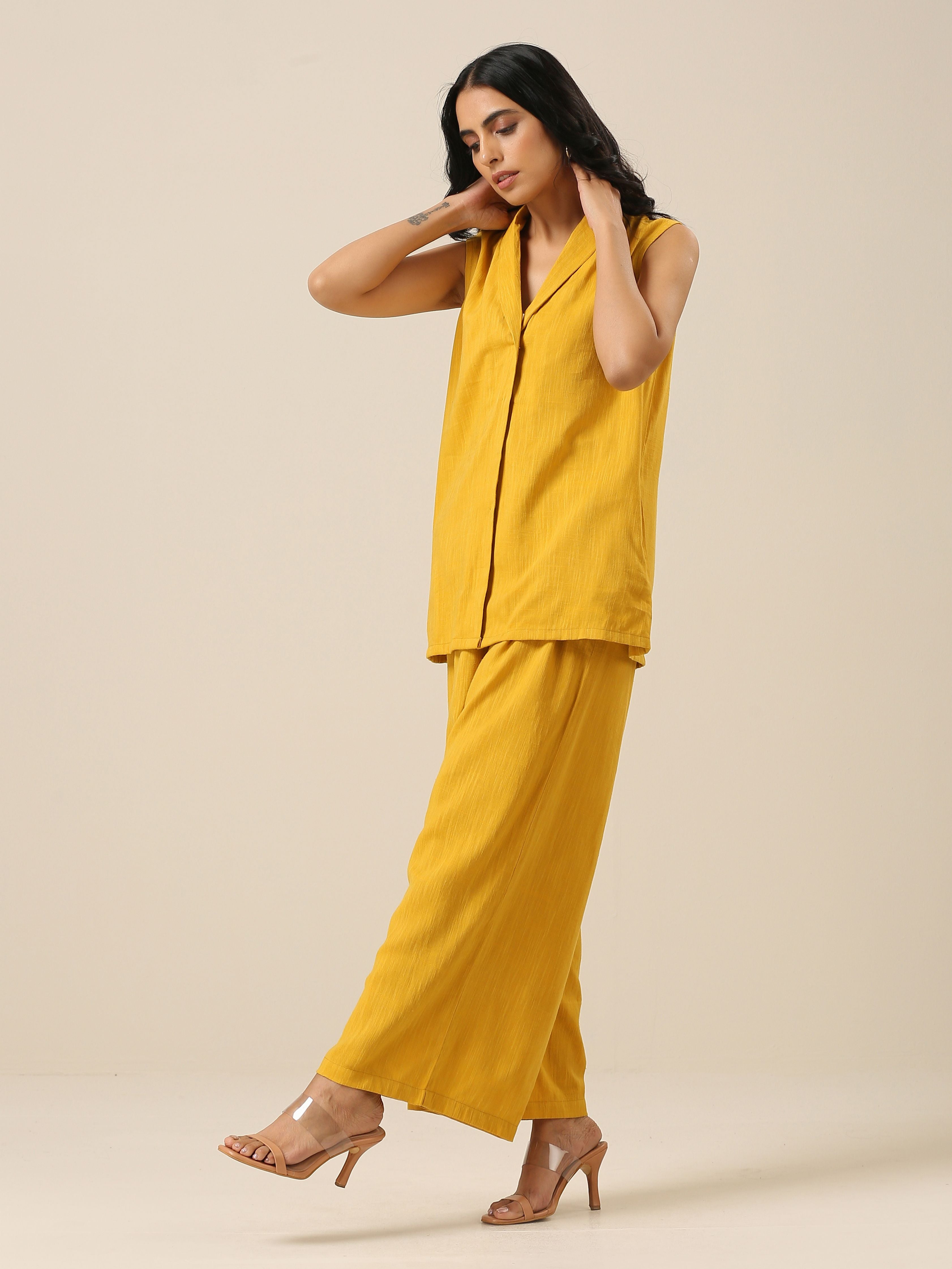trueBrowns Mustard Yellow Slub Texture Sleevesless Jacket Pant Set - Distacart
