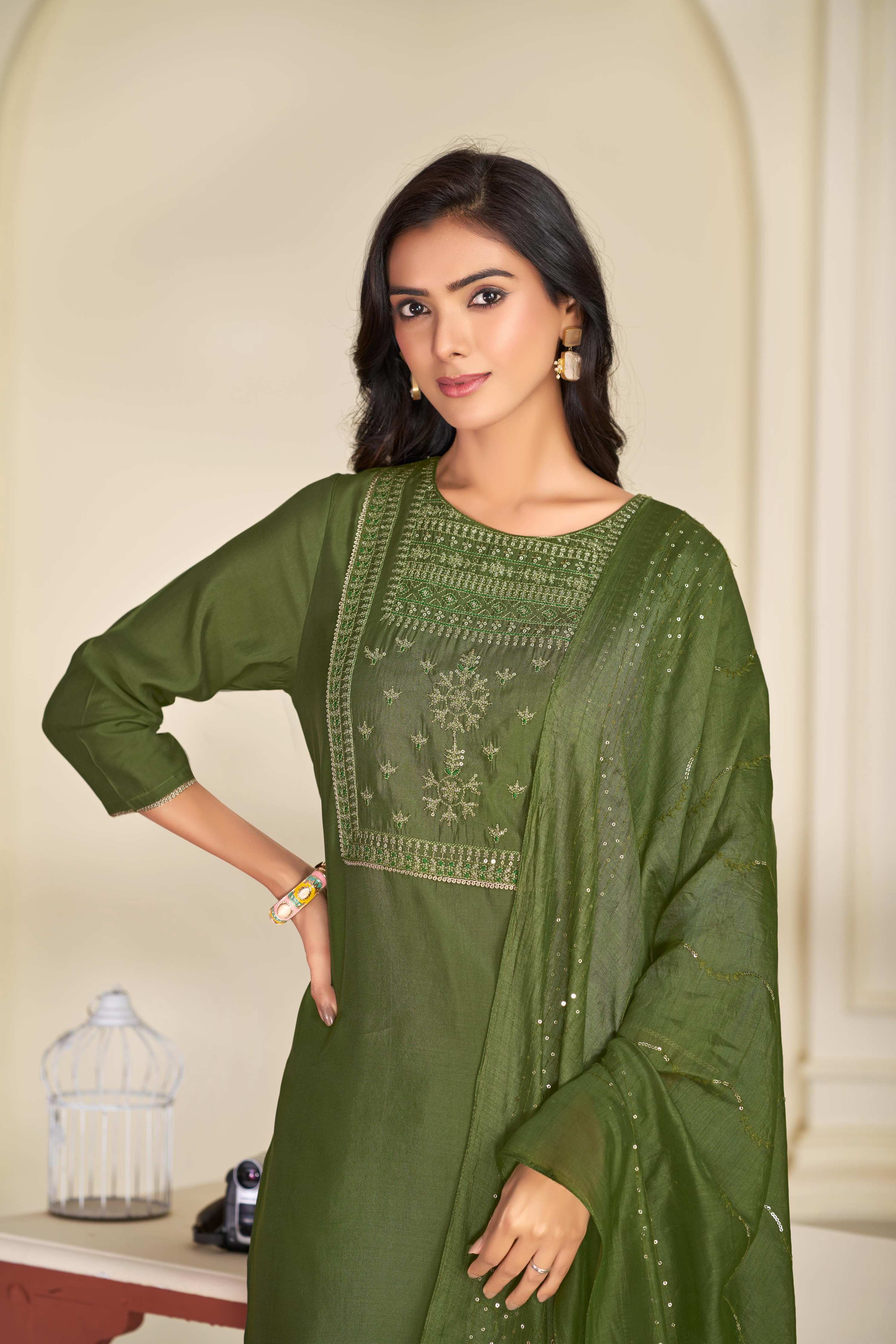 BulBul Aadvi Solid Green Embroidered Roman Silk Salwar Suit