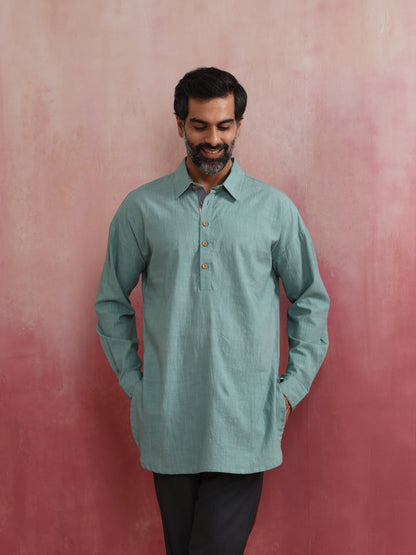 trueBrowns Men's Aqua Blue Cotton Shirt Collar Stylized Kurta - Distacart