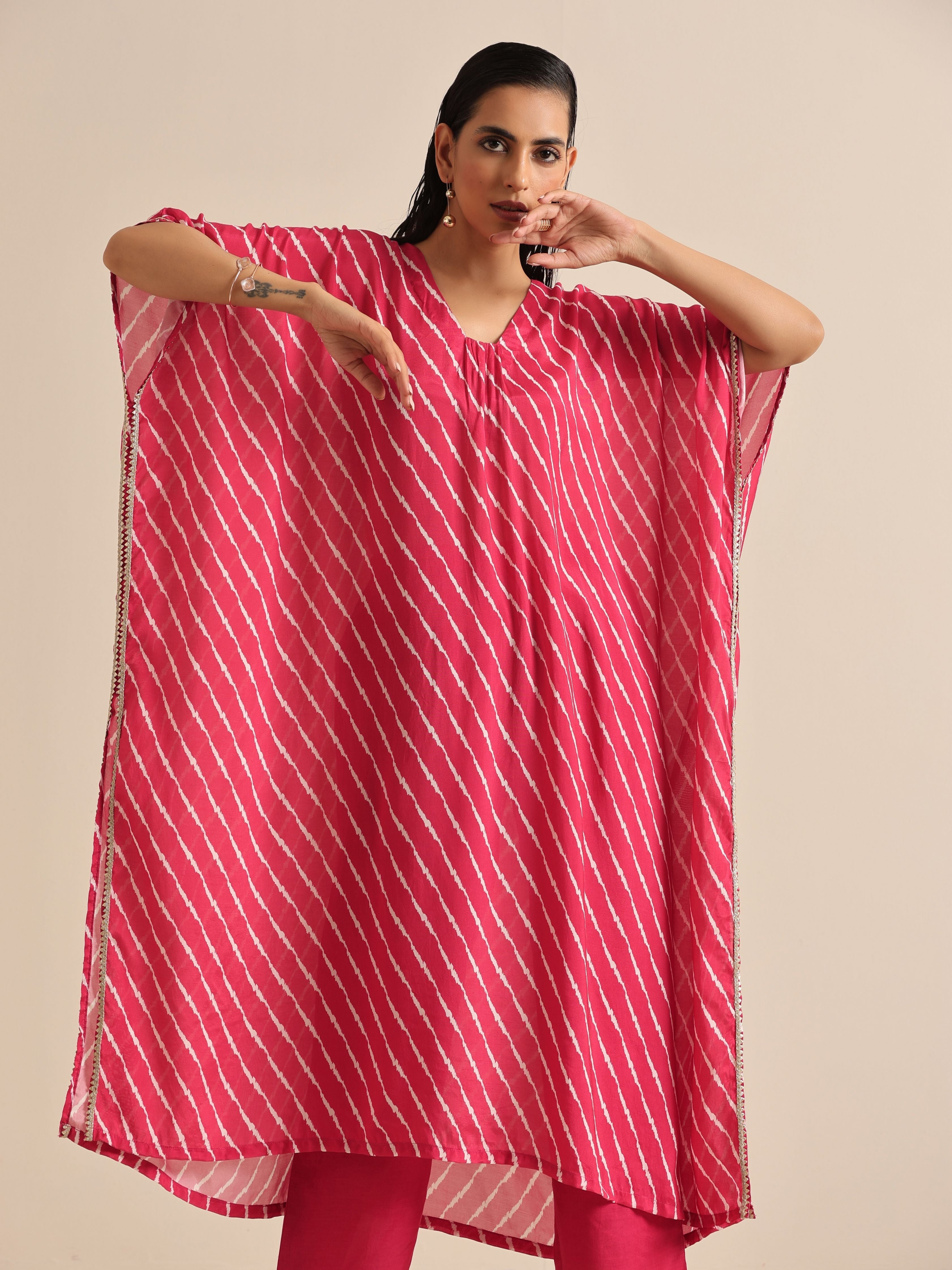 trueBrowns Pink Lehariya Printed Silk Kaftan Pant Set - Distacart