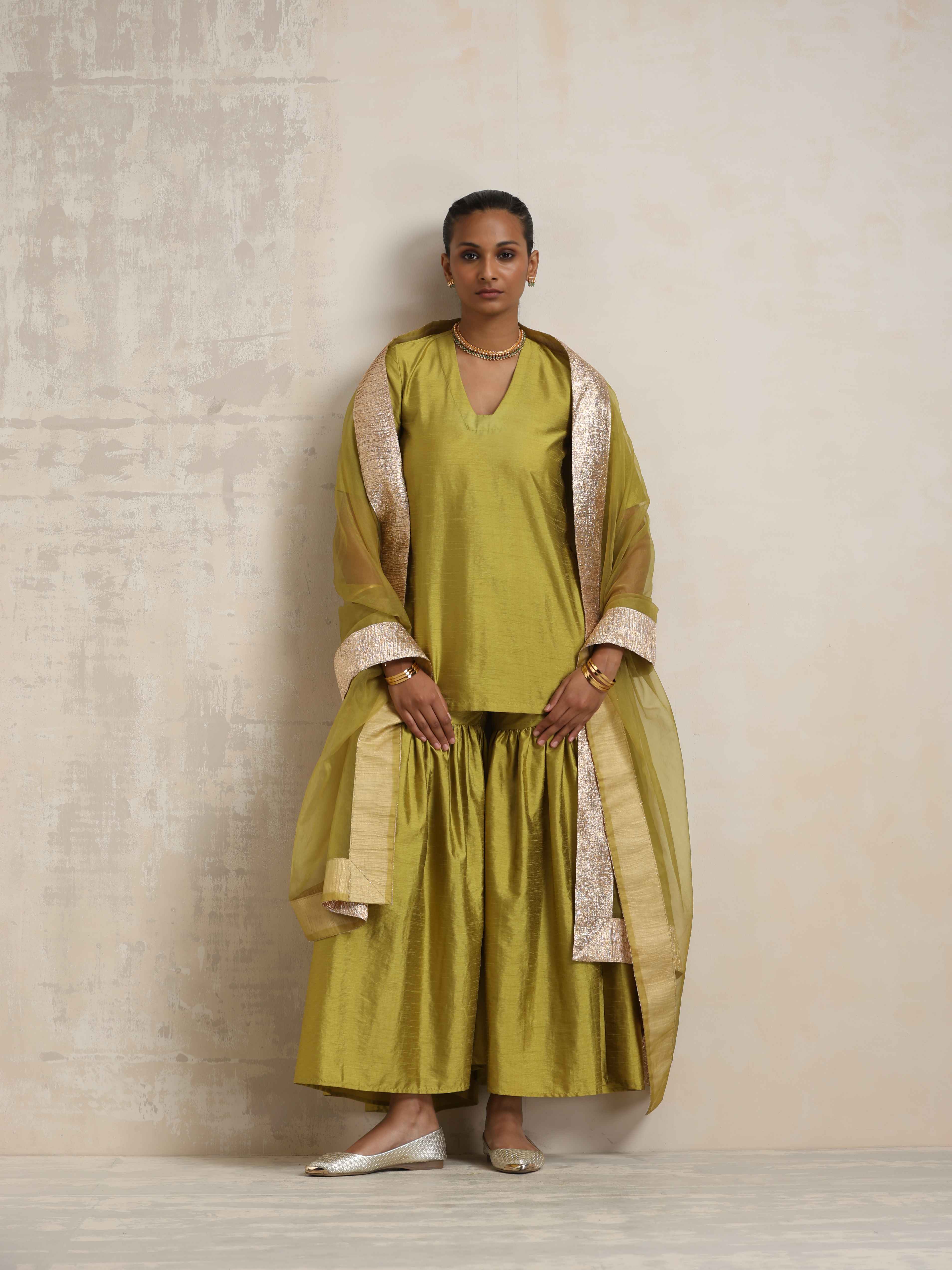 trueBrowns Green Silk Sharara Dupatta Set