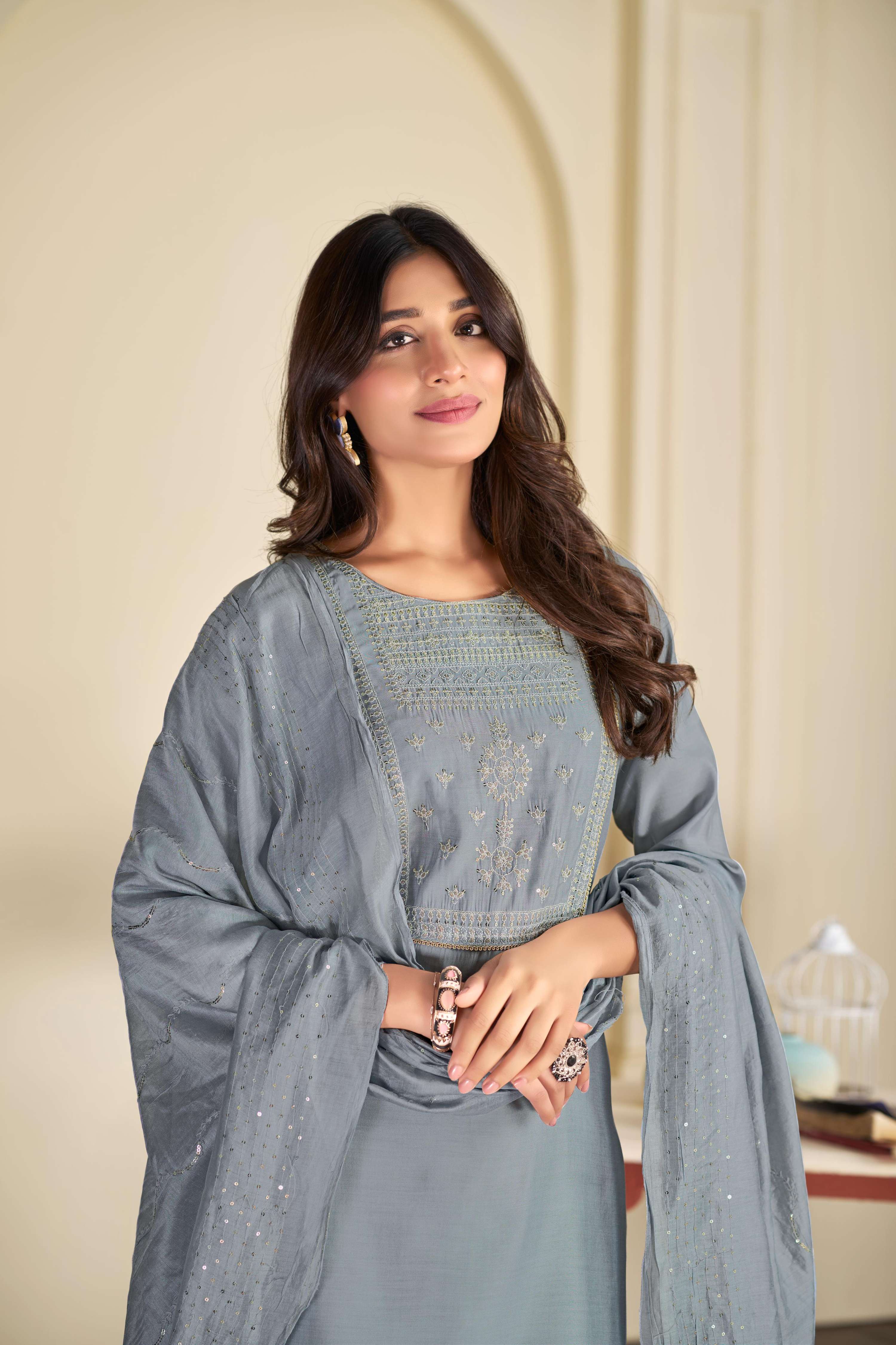 BulBul Aadvi Solid Grey Embroidered Roman Silk Salwar Suit