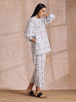 Thumbnail for trueBrowns Grey On White Ikat Print Cotton Baggy Sleeve Co-Ord Set - Distacart