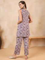 Thumbnail for InWeave Purple White Moroccan Print Round Neck Kurta Set