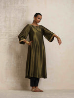 Thumbnail for trueBrowns Olive Green Tissue Flared Anarkali Kurta Set