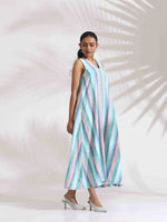 Thumbnail for trueBrowns Green Cotton Multi Stripe Flared Dress