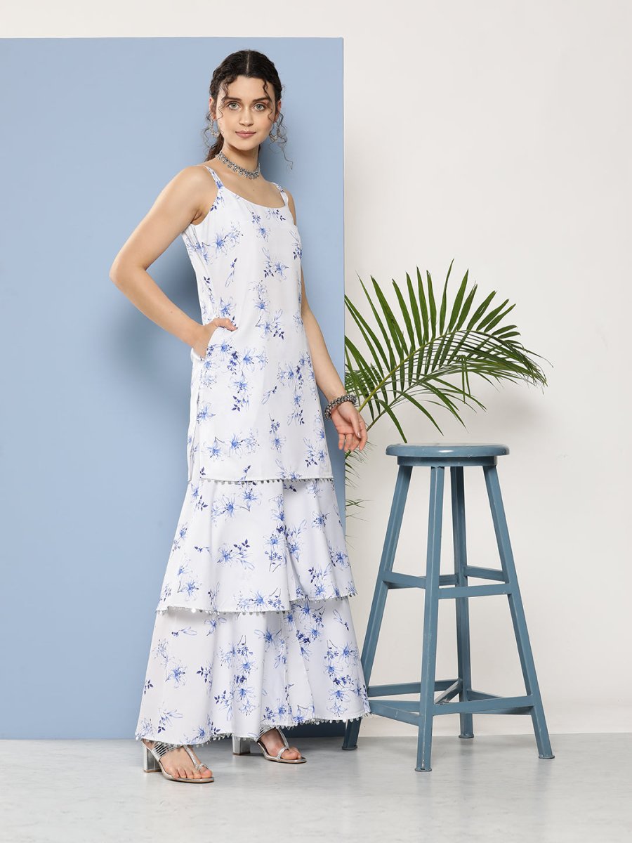 Ahalyaa Women White Floral Printed Sequinned Kurta with Sharara & With Dupatta - Distacart
