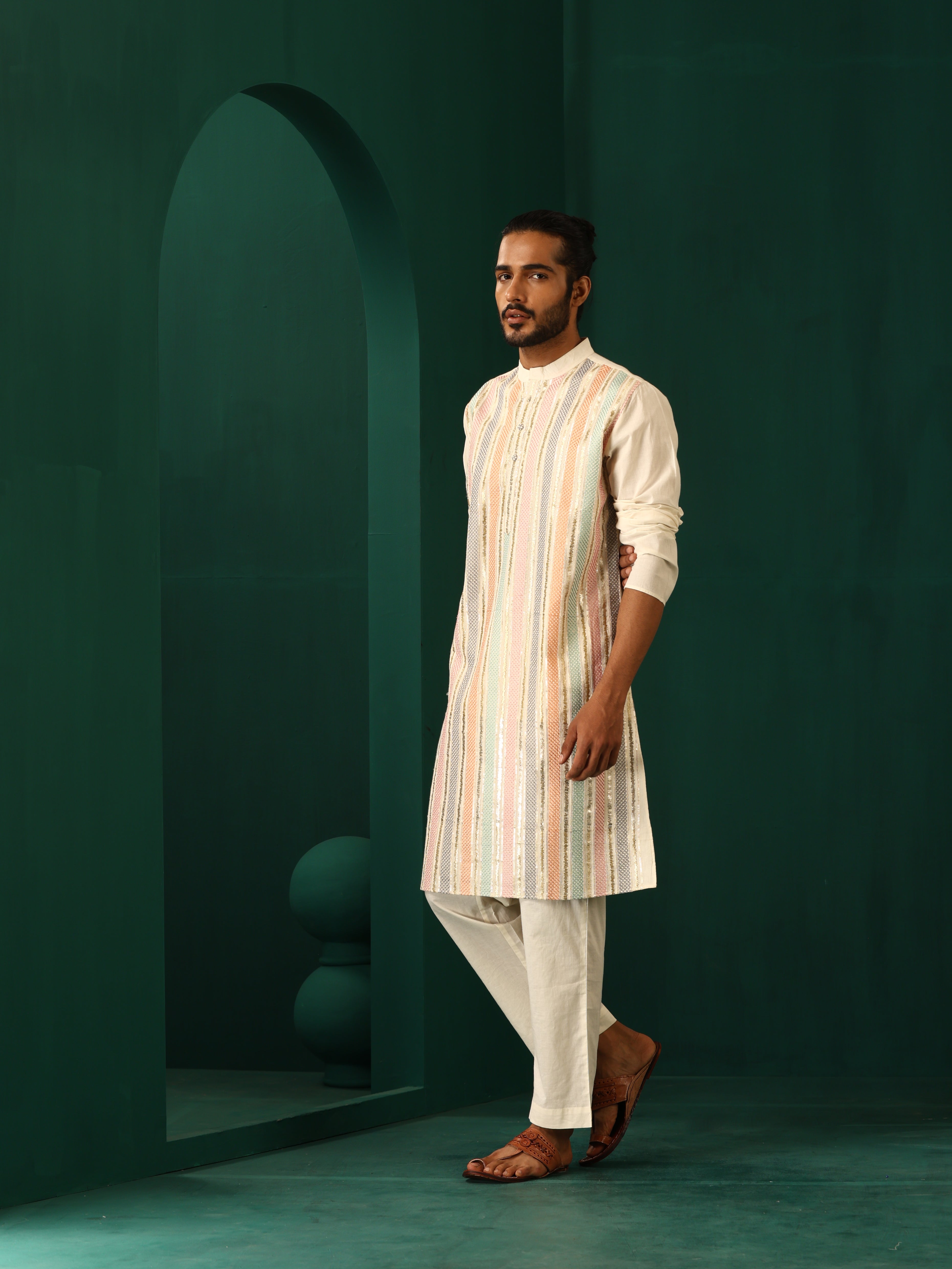 trueBrowns Men's Ivory Multi Colour Striped Cotton Kurta - Distacart