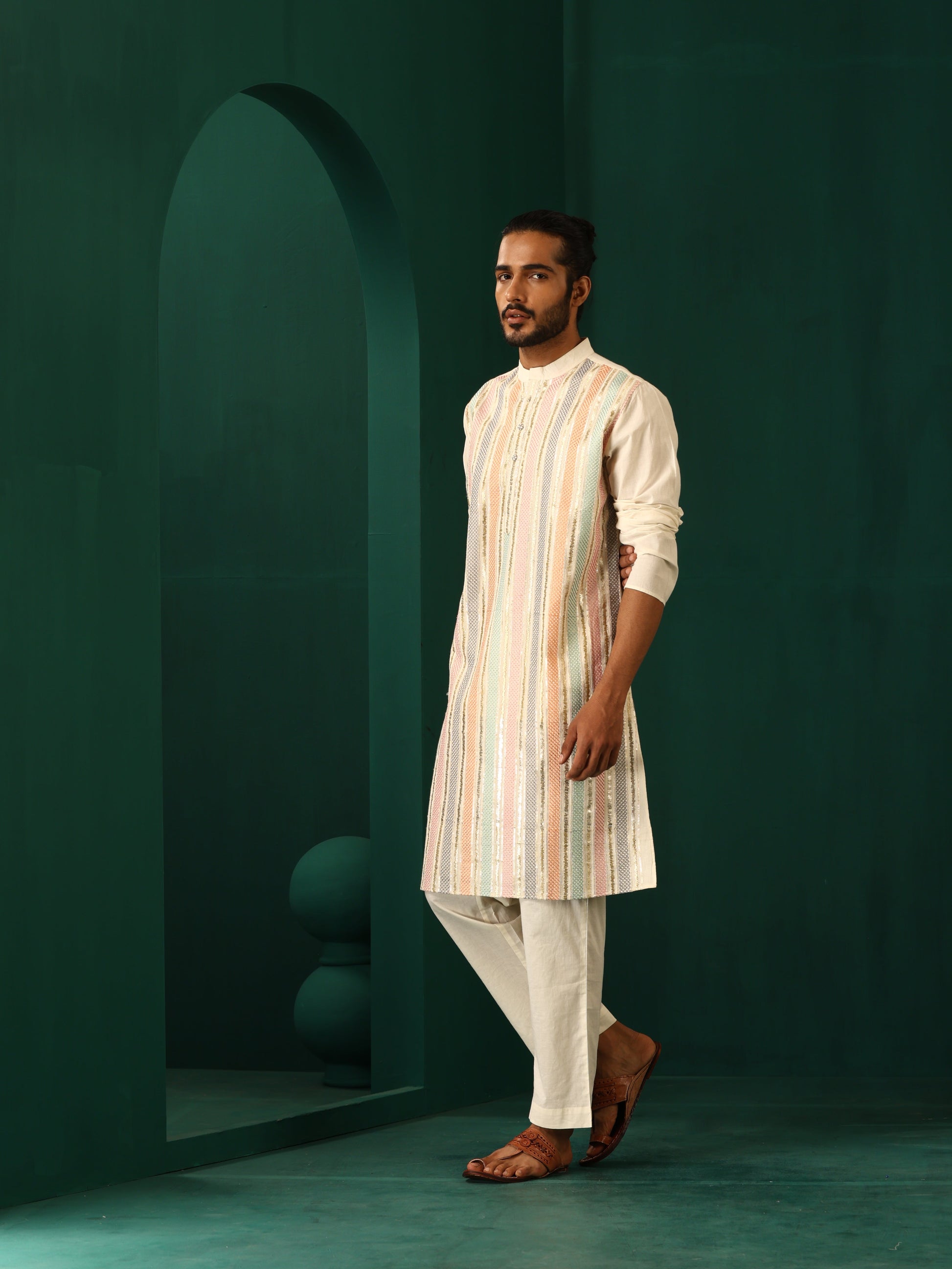 trueBrowns Men's Ivory Multi Colour Striped Cotton Kurta - Distacart