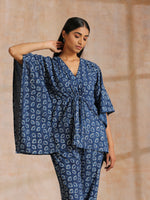 Thumbnail for trueBrowns Indigo Dabu Floral Print Cotton Kaftan Co-Ord Set - Distacart