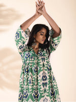 Thumbnail for trueBrowns Green Cotton Ikat Flared Kurta Pant Set - Distacart