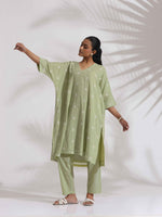 Thumbnail for trueBrowns Green Cotton Floral Embroidered Kurta Co-ord Set