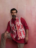 Thumbnail for trueBrowns Men's Maroon Ikat Print Cotton Reversible Nehru Jacket