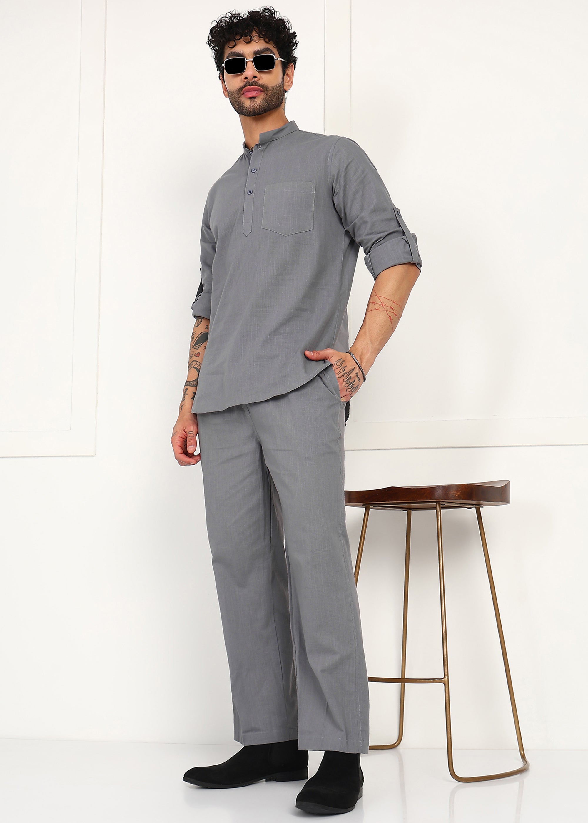 Fabmade Slate Grey Linen Short Kurta Co-Ord Set - Distacart