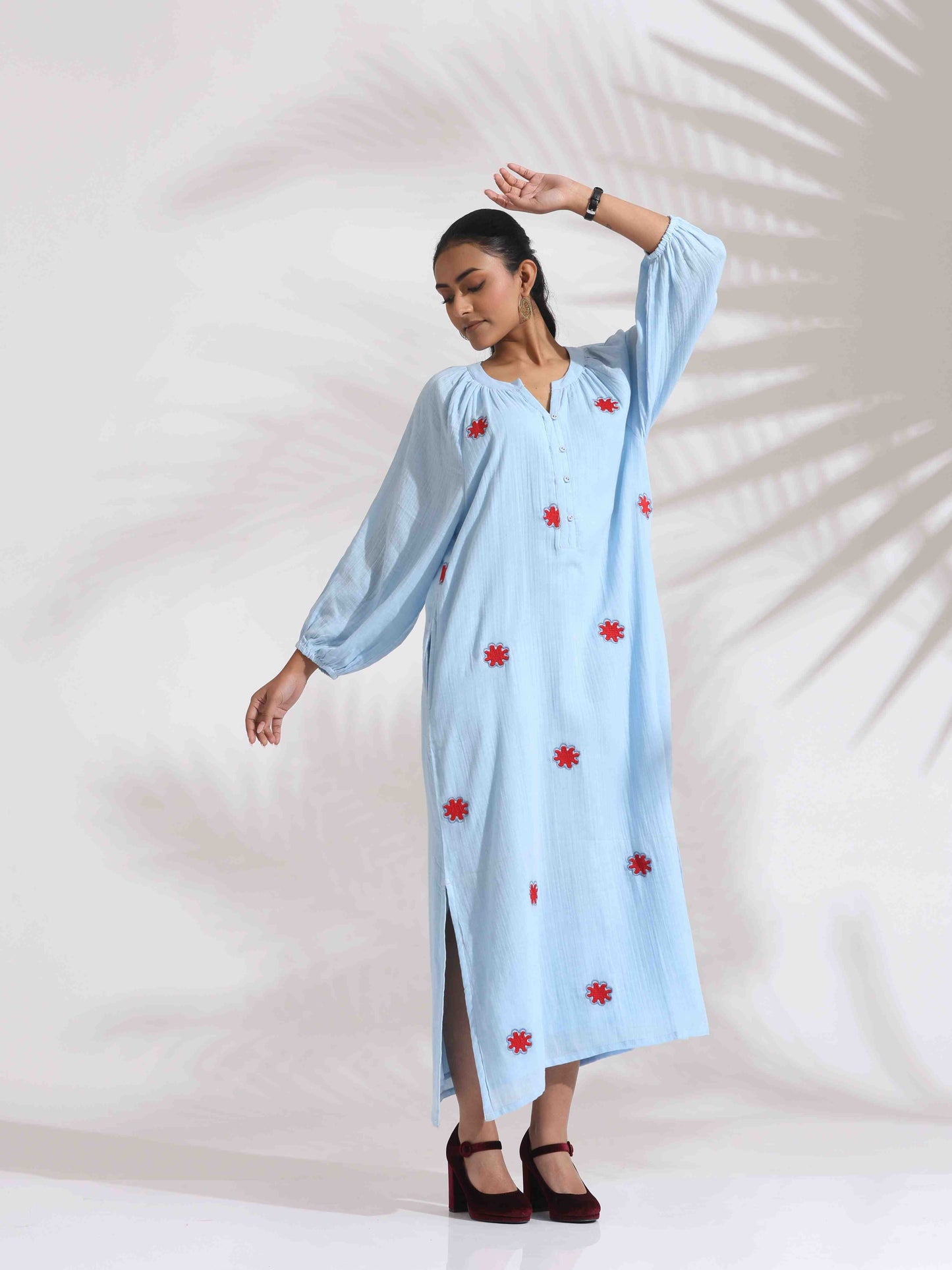trueBrowns Blue Cotton Embroidered Dress - Distacart