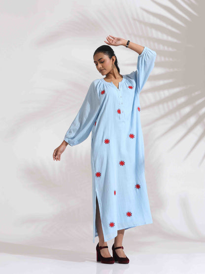 trueBrowns Blue Cotton Embroidered Dress - Distacart