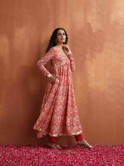 trueBrowns Beige Print Flared Anarkali Kurta Set - Distacart
