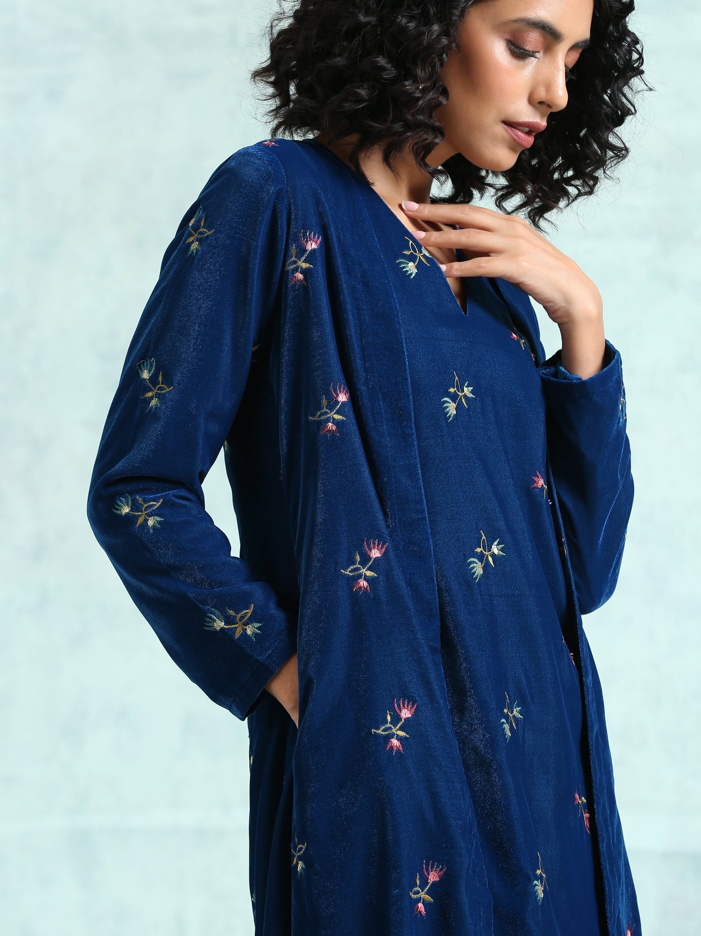 trueBrowns Blue Embroidered Velvet Overlay Jacket - Distacart