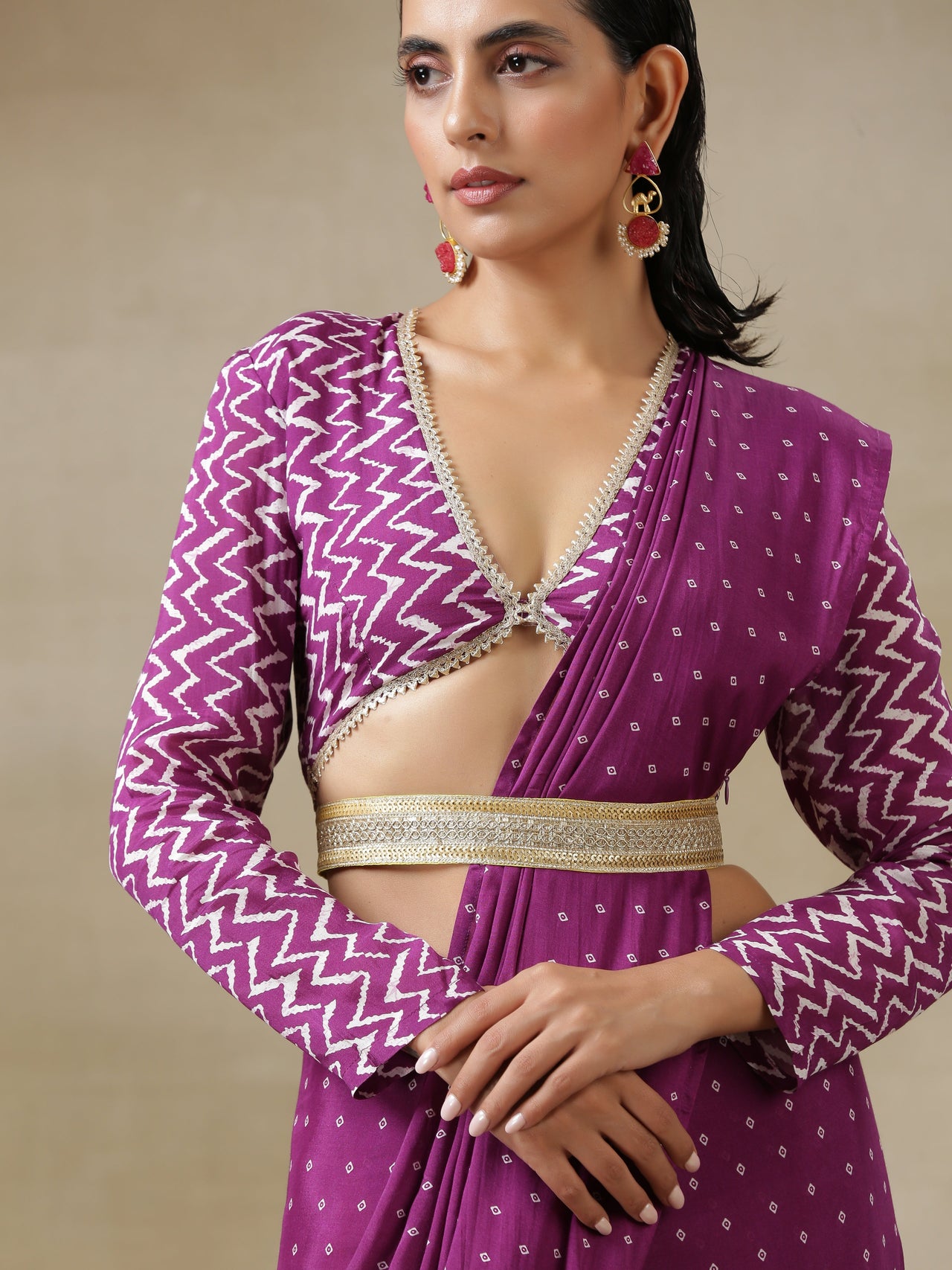 trueBrowns Purple Bandhani Printed Silk Full Sleeve Blouse - Distacart
