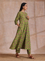 Thumbnail for trueBrowns Lime Green Overall Pink Floral Block Print Cotton Flared Kurta Pant Set - Distacart
