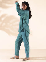 Thumbnail for trueBrowns Turquoise Cotton Dobby Shirt Co-ord Set - Distacart