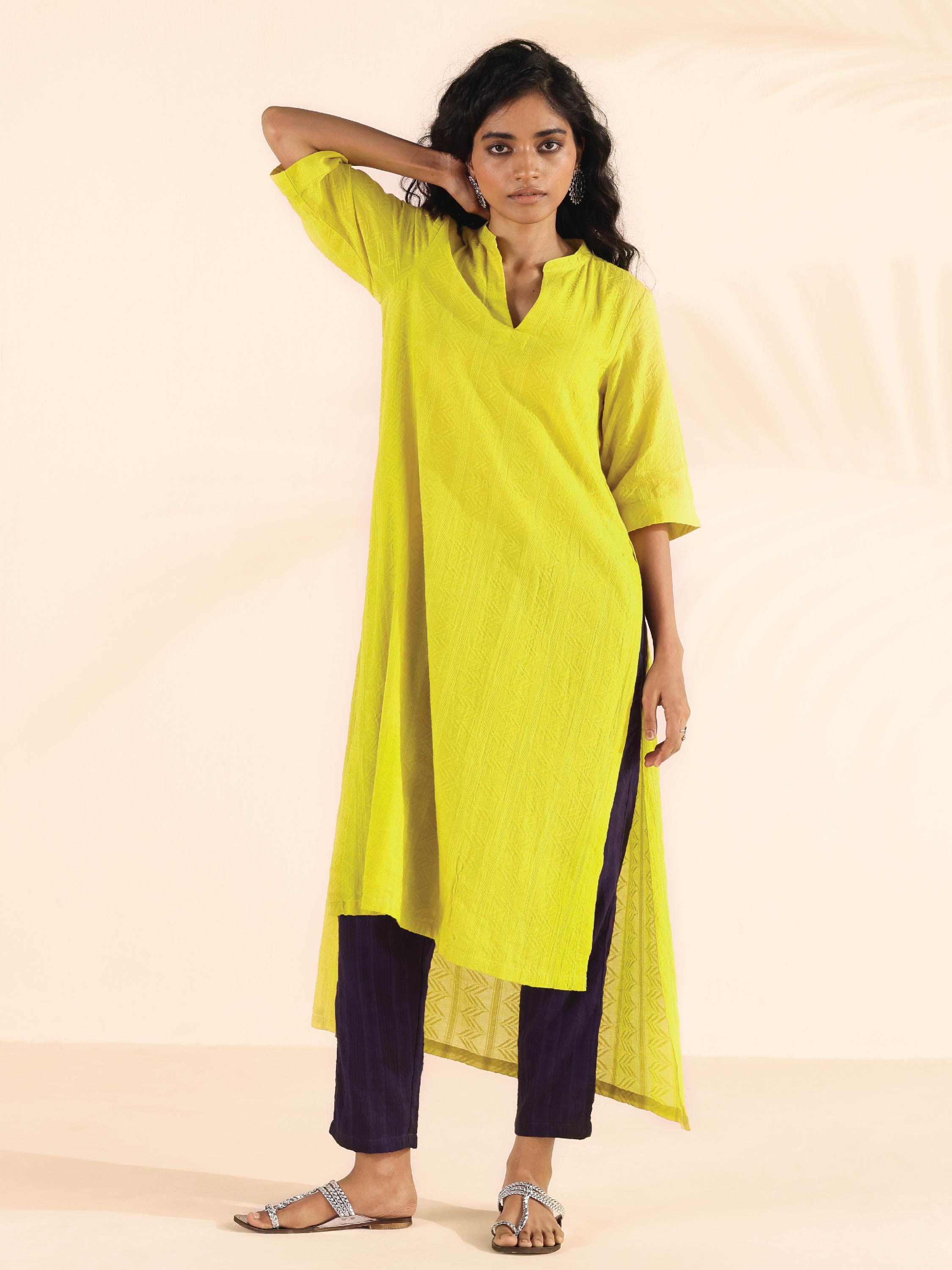 trueBrowns Lime Cotton Dobby High-Low Kurta Pant Set - Distacart