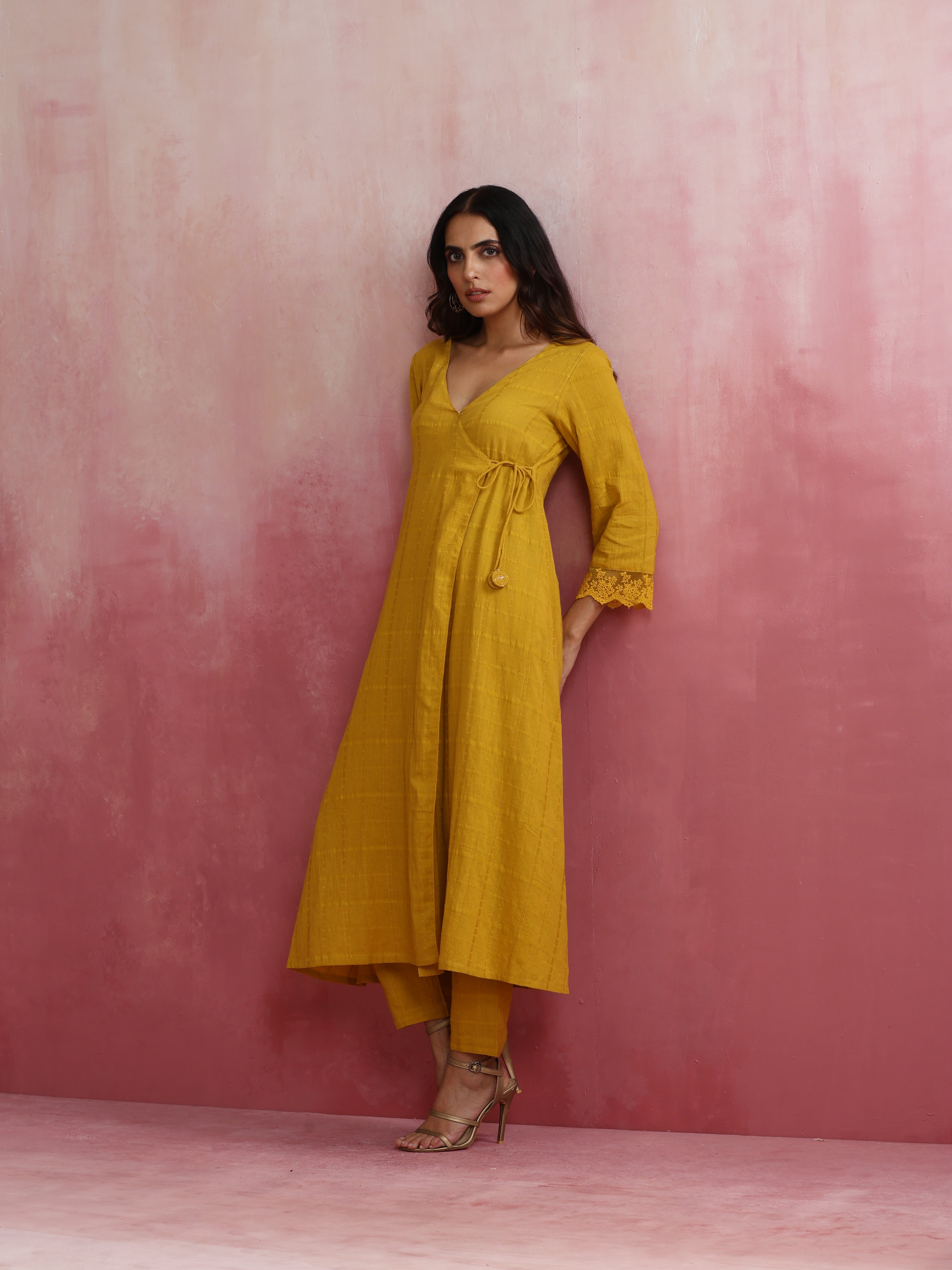 trueBrowns Mustard Cotton Dobby Kurta Set - Distacart