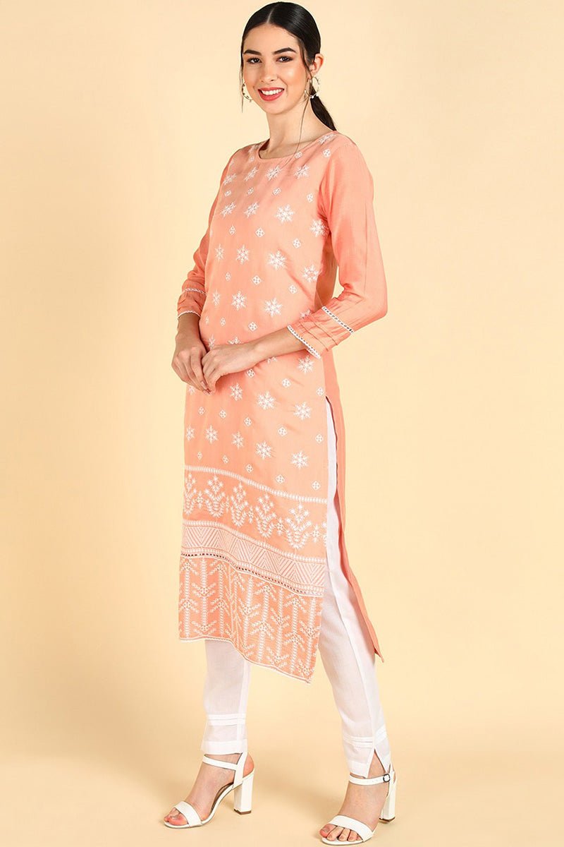 Ahika Peach Poly Silk Straight Suit Set