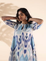Thumbnail for trueBrowns Blue Cotton Ikat Flared Kurta Pant Set - Distacart