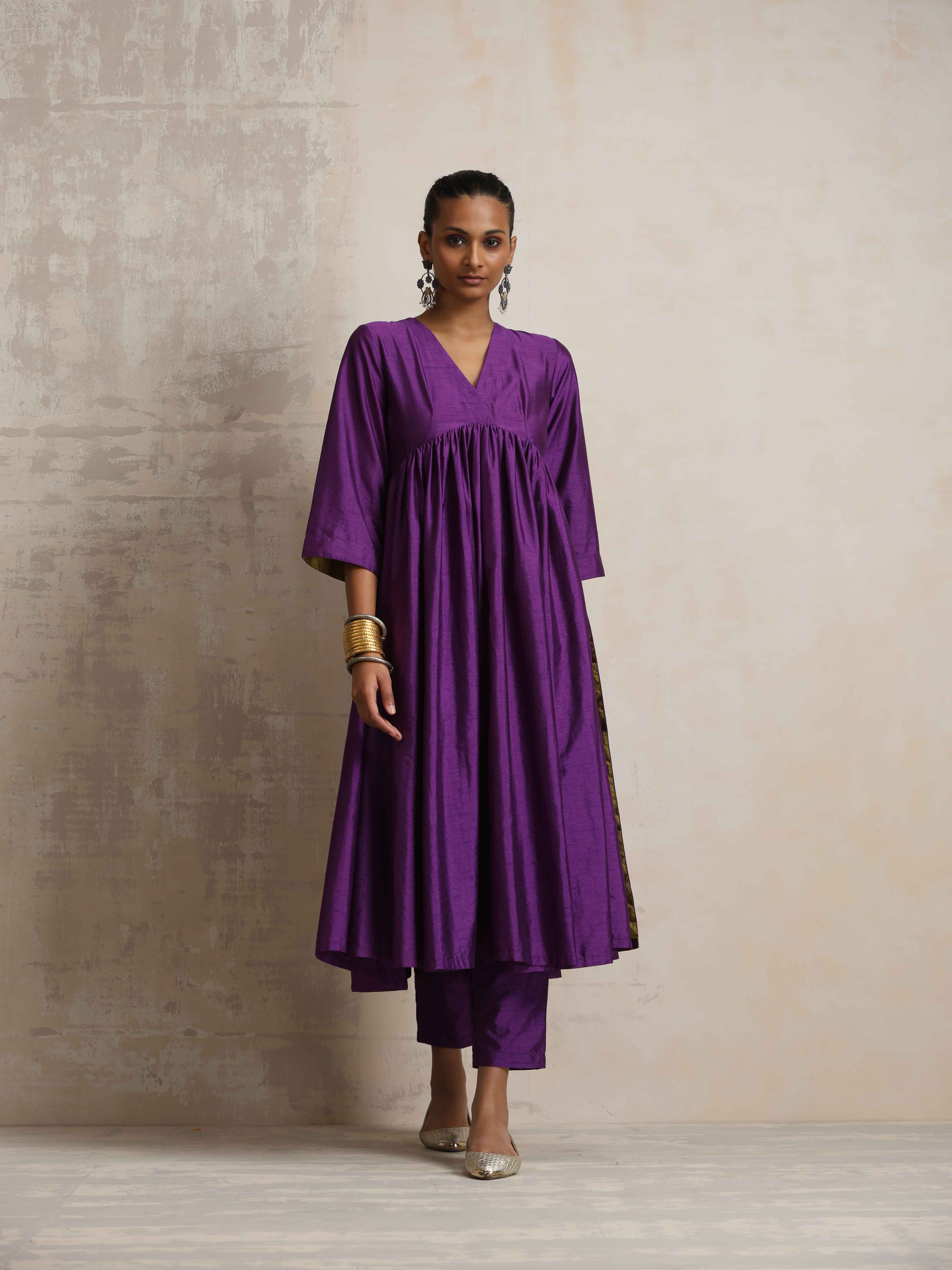 trueBrowns Purple Silk Anarkali Flared Kurta Set - Distacart