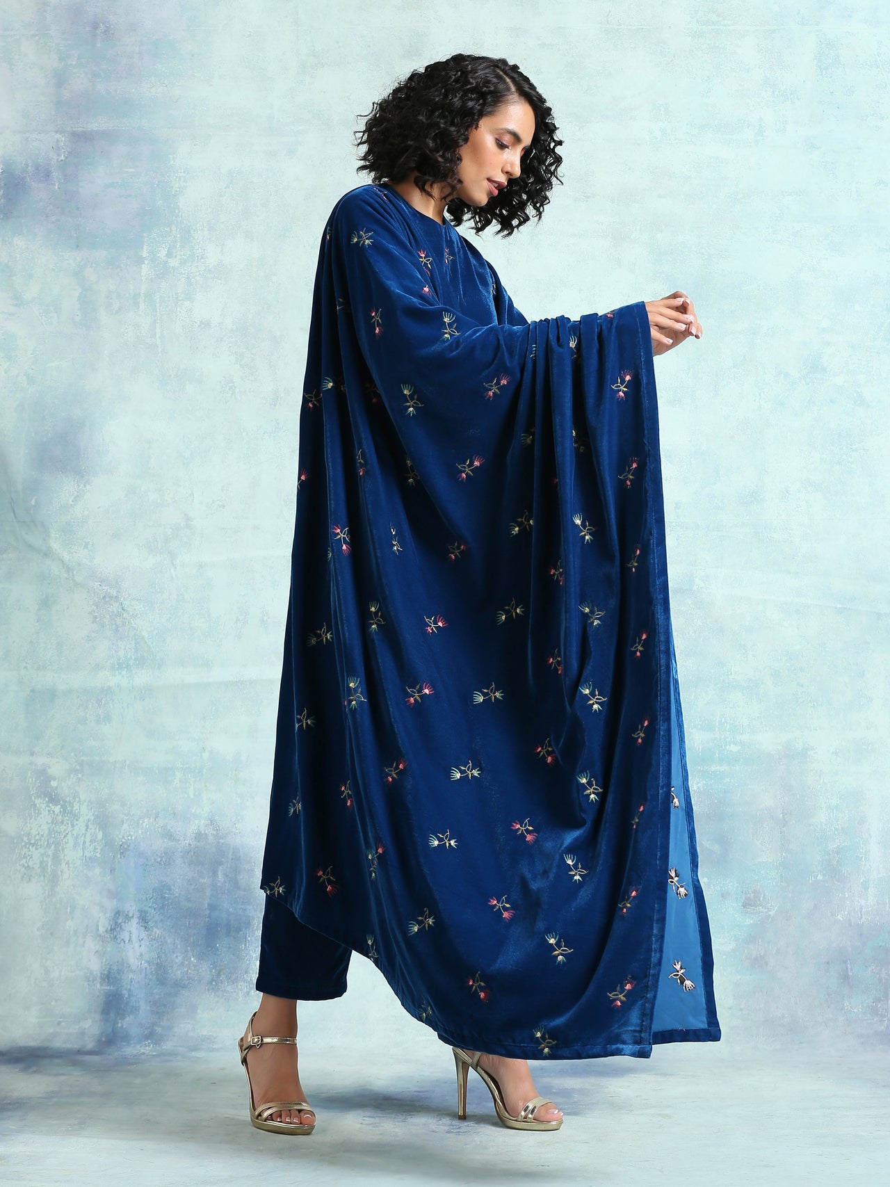 trueBrowns Blue Embroidered Velvet Shawl - Distacart
