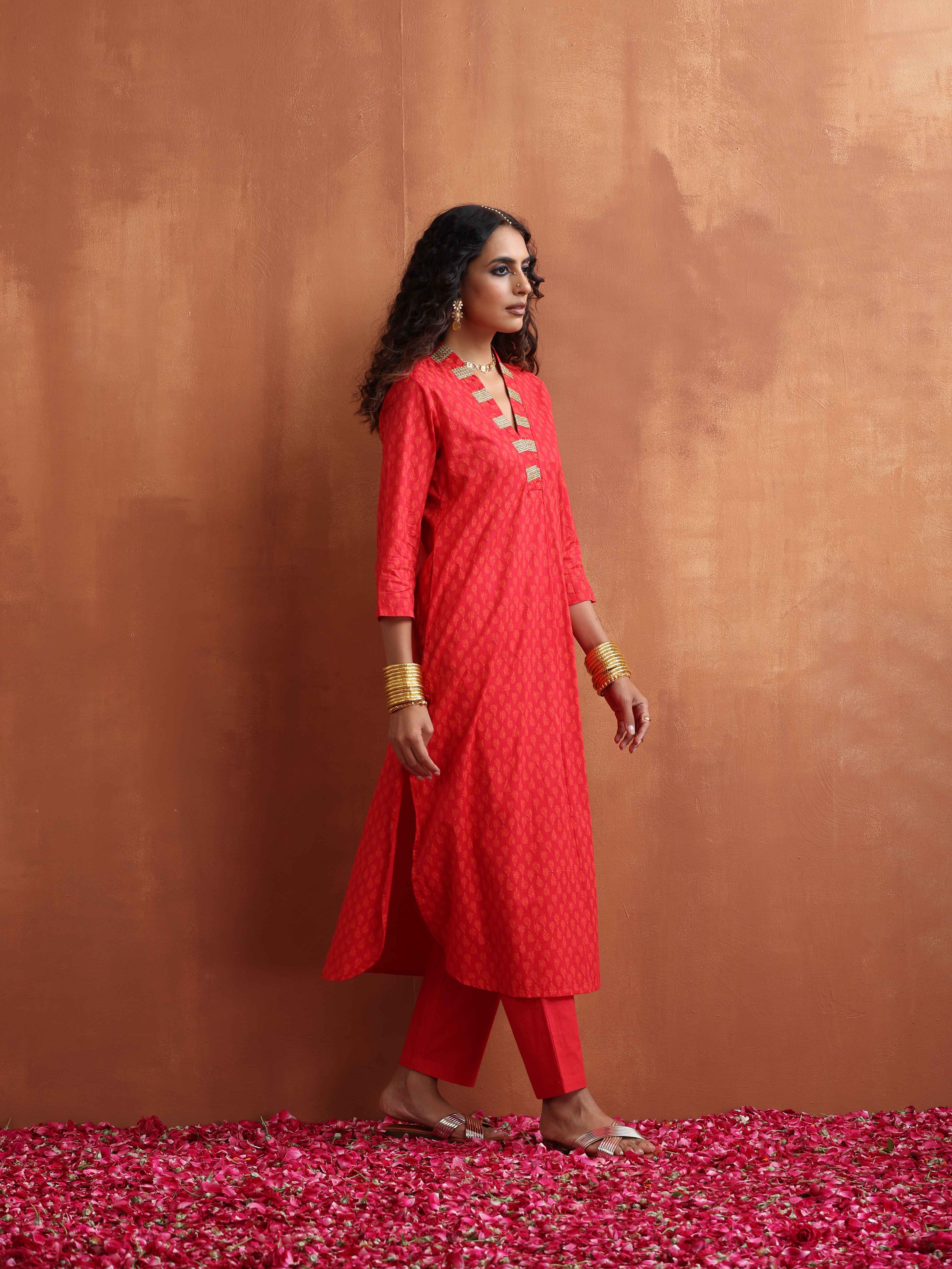 trueBrowns Red Print A-line Kurta Set - Distacart