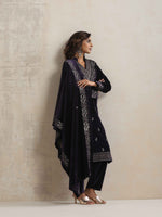 Thumbnail for trueBrowns Purple Velvet Embroidered Kurta Pant Dupatta Set