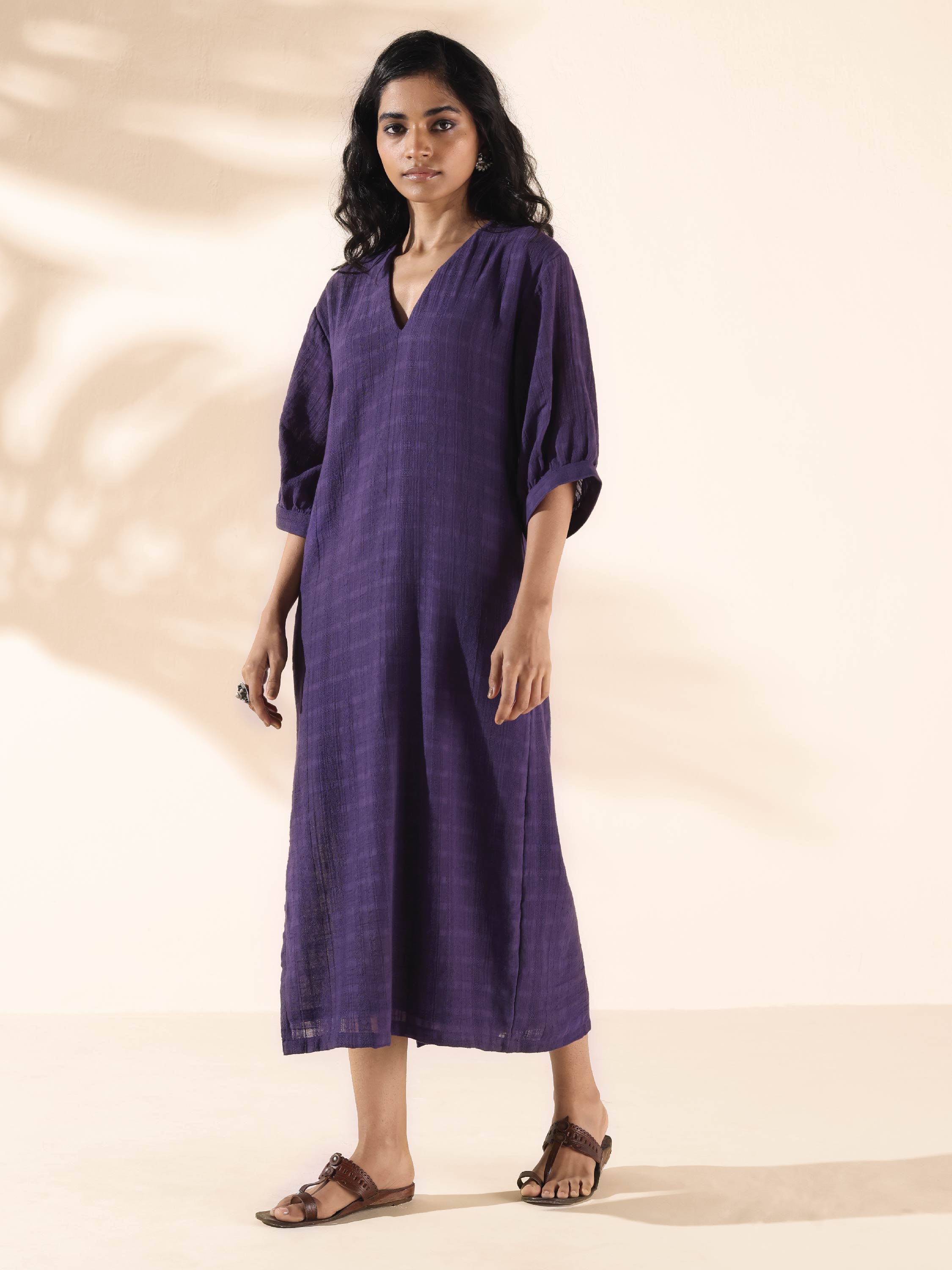 trueBrowns Purple Cotton Dobby Slit Dress - Distacart