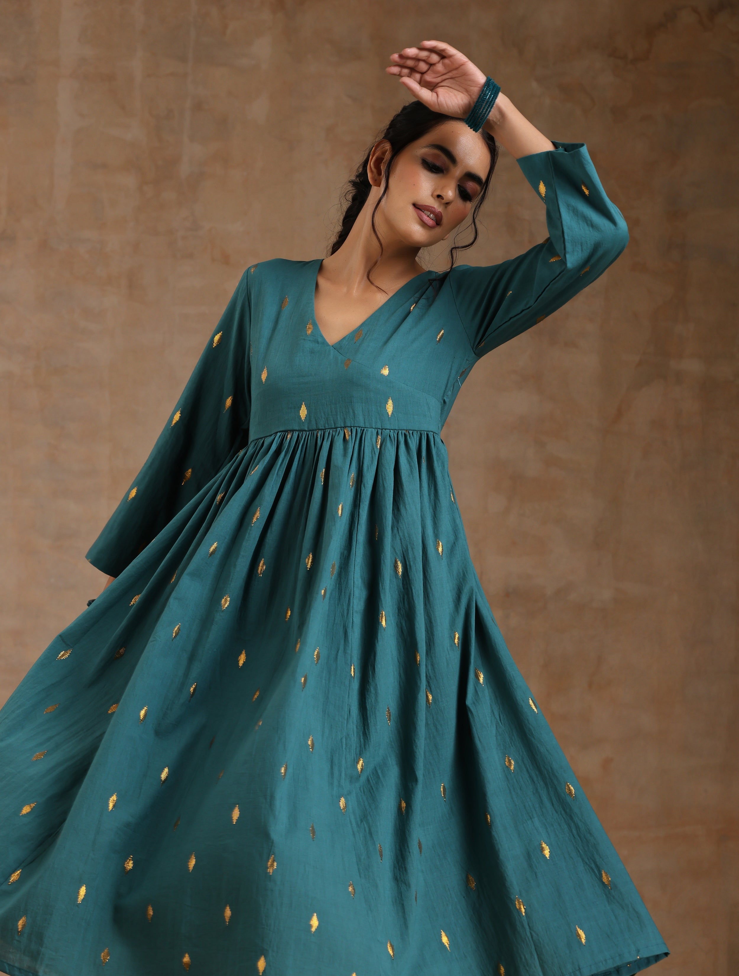 trueBrowns Deep Sea Gold Cotton Kalidar Kurta Set - Distacart